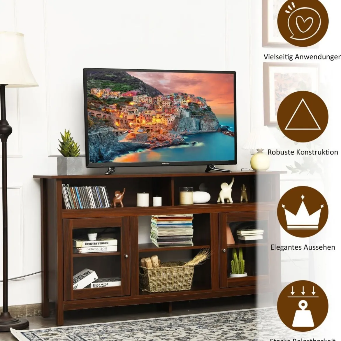 TV Schrank für Fernseher bis zu 65 Zoll 2 in 1 TV Ständer & Kaminschrank 147 x 40 x 81,5 cm Walnuss