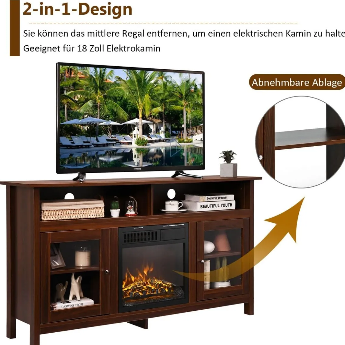 TV Schrank für Fernseher bis zu 65 Zoll 2 in 1 TV Ständer & Kaminschrank 147 x 40 x 81,5 cm Walnuss