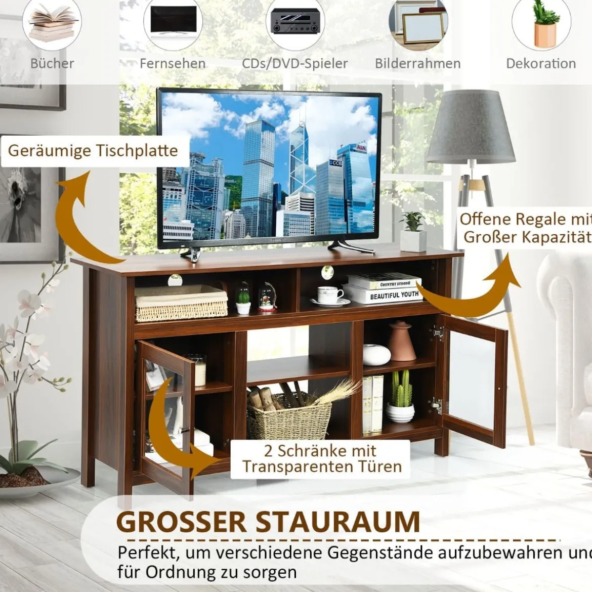 TV Schrank für Fernseher bis zu 65 Zoll 2 in 1 TV Ständer & Kaminschrank 147 x 40 x 81,5 cm Walnuss