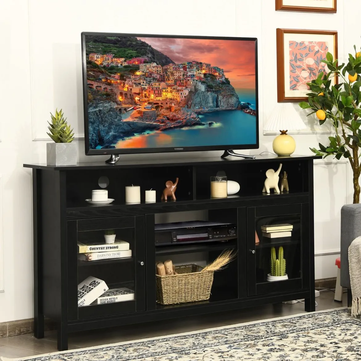 TV Schrank für Fernseher bis zu 65 Zoll 2 in 1 TV Ständer & Kaminschrank 147 x 40 x 81,5 cm Schwarz