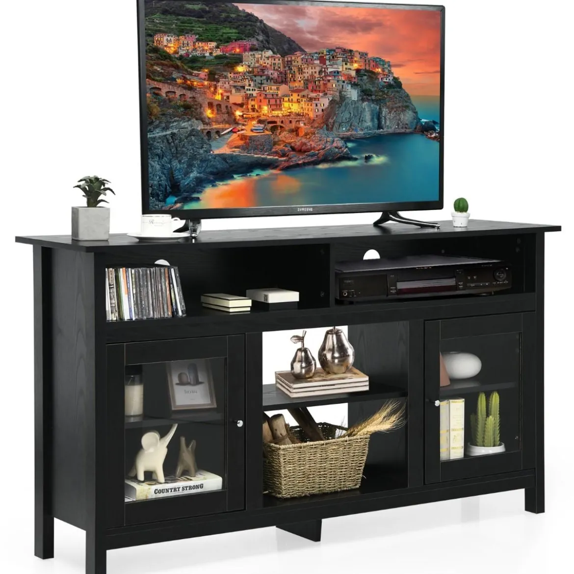 TV Schrank für Fernseher bis zu 65 Zoll 2 in 1 TV Ständer & Kaminschrank 147 x 40 x 81,5 cm Schwarz