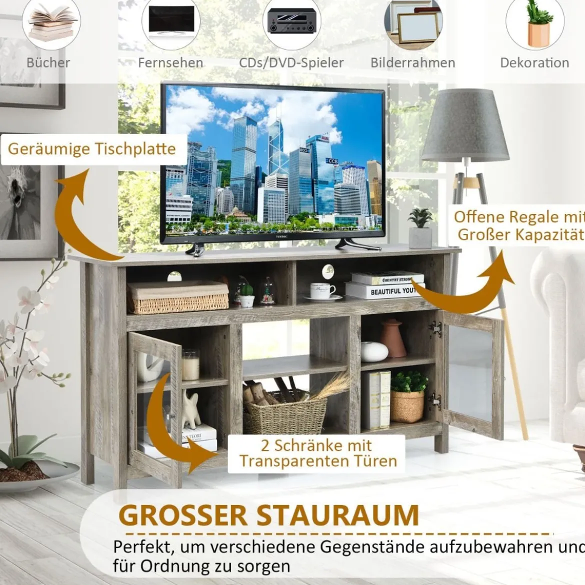 TV Schrank für Fernseher bis zu 65 Zoll 2 in 1 TV Ständer & Kaminschrank 147 x 40 x 81,5 cm Natur