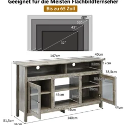TV Schrank für Fernseher bis zu 65 Zoll 2 in 1 TV Ständer & Kaminschrank 147 x 40 x 81,5 cm Natur