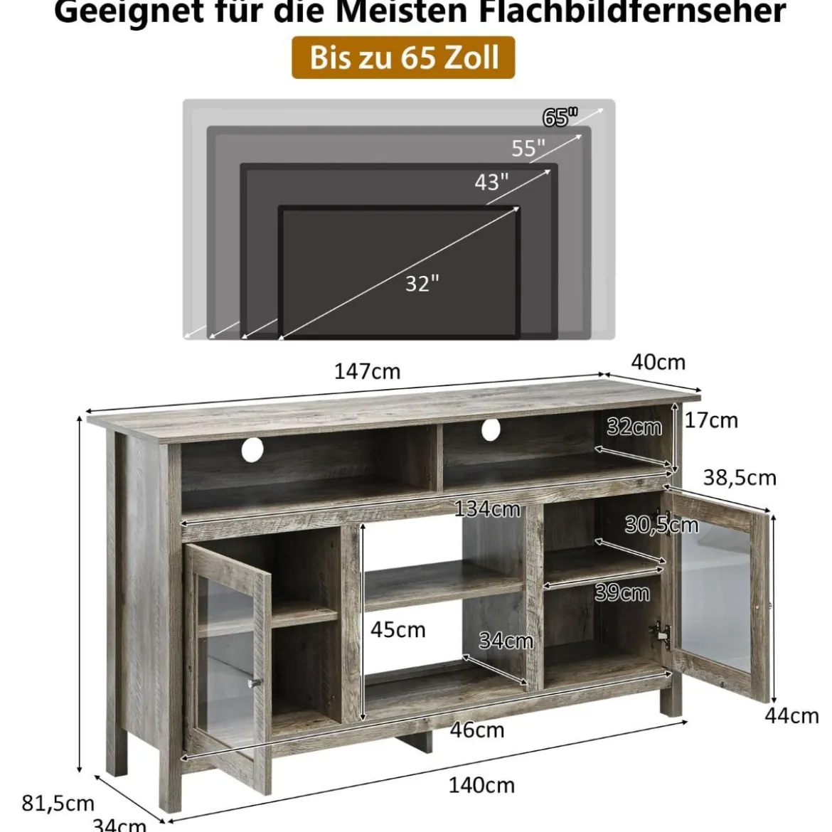 TV Schrank für Fernseher bis zu 65 Zoll 2 in 1 TV Ständer & Kaminschrank 147 x 40 x 81,5 cm Natur