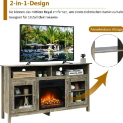 TV Schrank für Fernseher bis zu 65 Zoll 2 in 1 TV Ständer & Kaminschrank 147 x 40 x 81,5 cm Natur