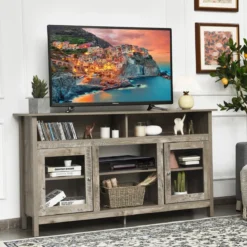 TV Schrank für Fernseher bis zu 65 Zoll 2 in 1 TV Ständer & Kaminschrank 147 x 40 x 81,5 cm Natur