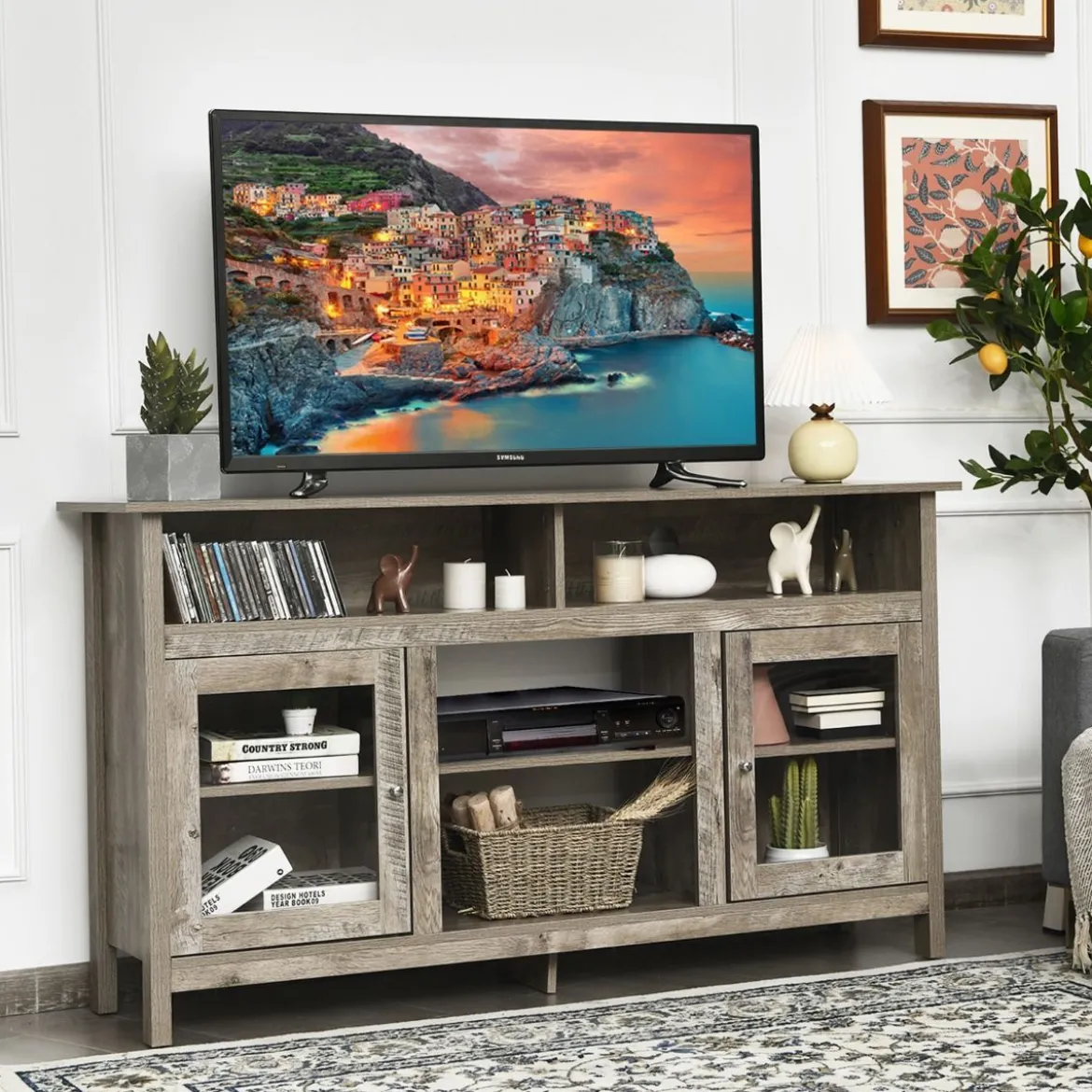 TV Schrank für Fernseher bis zu 65 Zoll 2 in 1 TV Ständer & Kaminschrank 147 x 40 x 81,5 cm Natur