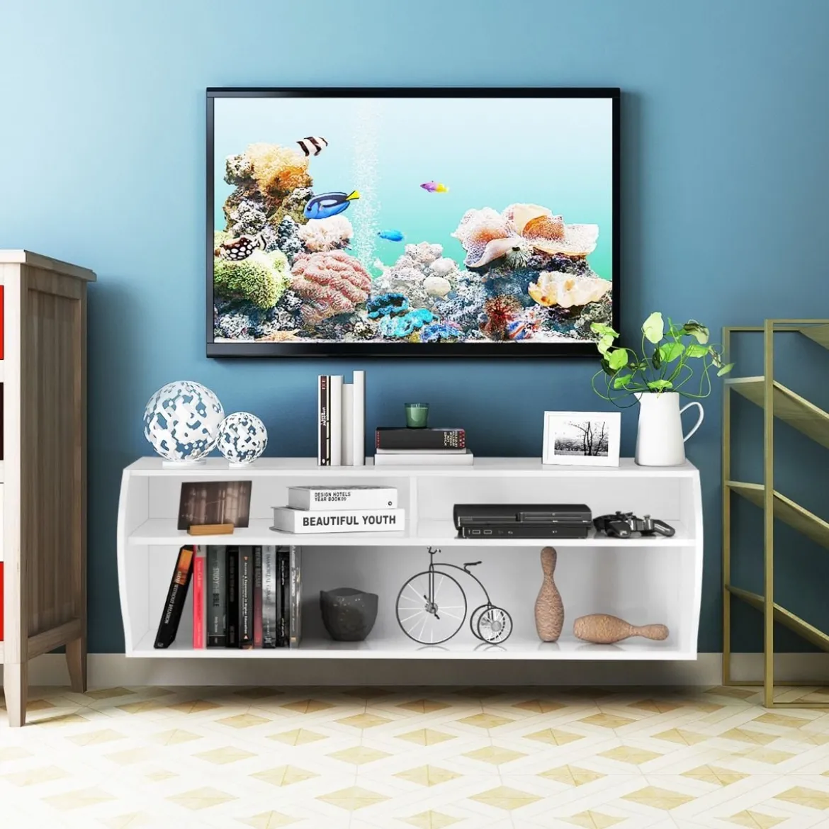 TV Schrank hängend und freistehend Fernsehschrank Holz modern mit 3 offenen Fächern Kommode Weiß