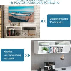 TV Schrank hängend und freistehend Fernsehschrank Holz modern mit 3 offenen Fächern Kommode Weiß