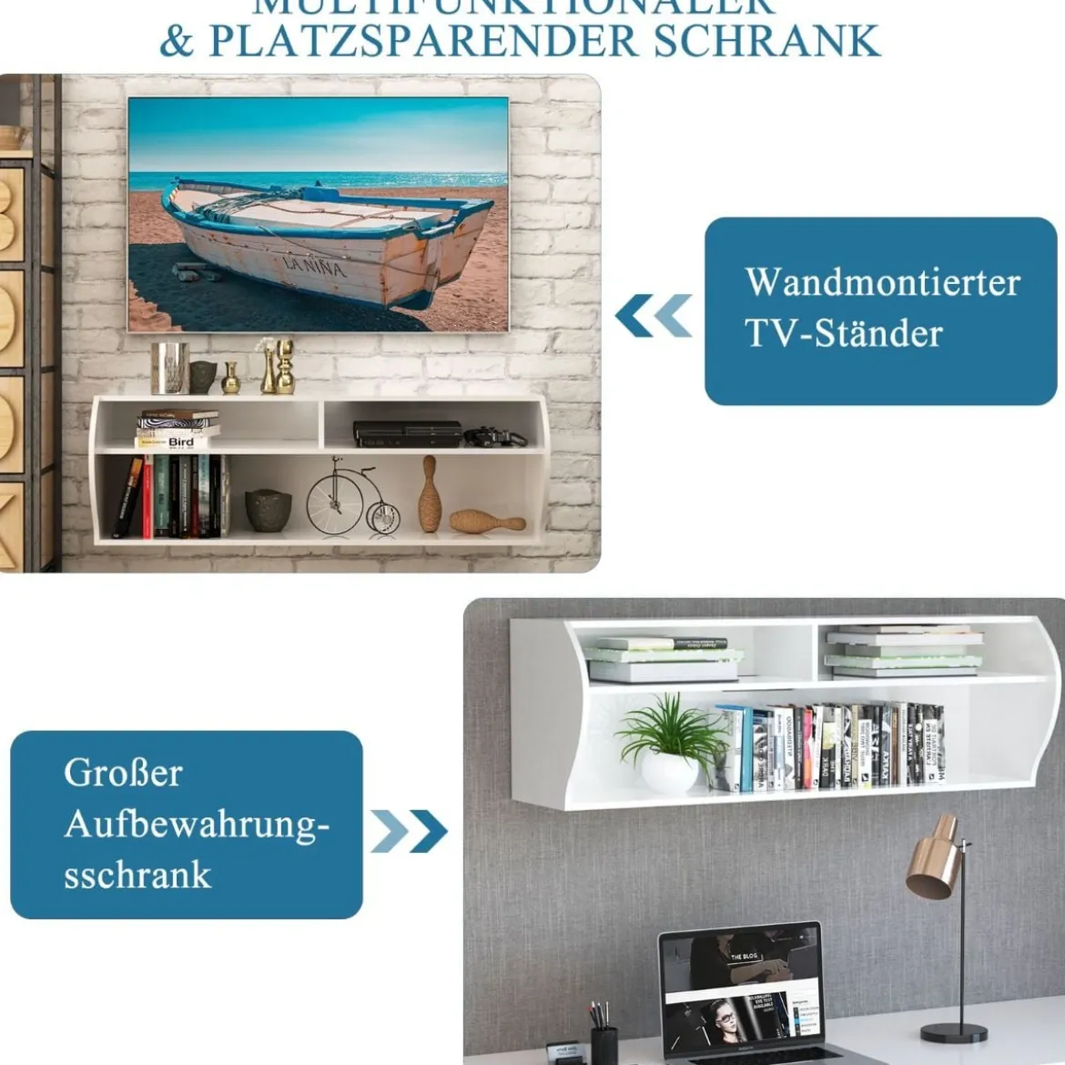 TV Schrank hängend und freistehend Fernsehschrank Holz modern mit 3 offenen Fächern Kommode Weiß