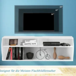 TV Schrank hängend und freistehend Fernsehschrank Holz modern mit 3 offenen Fächern Kommode Weiß