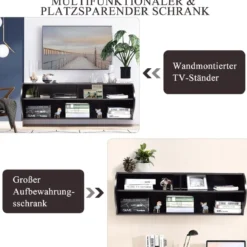TV Schrank hängend und freistehend Fernsehschrank Holz modern mit 3 offenen Fächern Kommode Braun