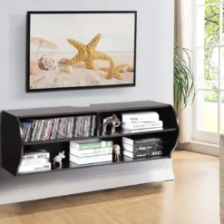 TV Schrank hängend und freistehend Fernsehschrank Holz modern mit 3 offenen Fächern Kommode Braun