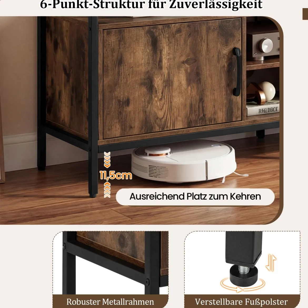 TV-Schrank Lowboard für 65" Fernseher mit 2 Schränke & 4 offene Regale Rustikal Braun