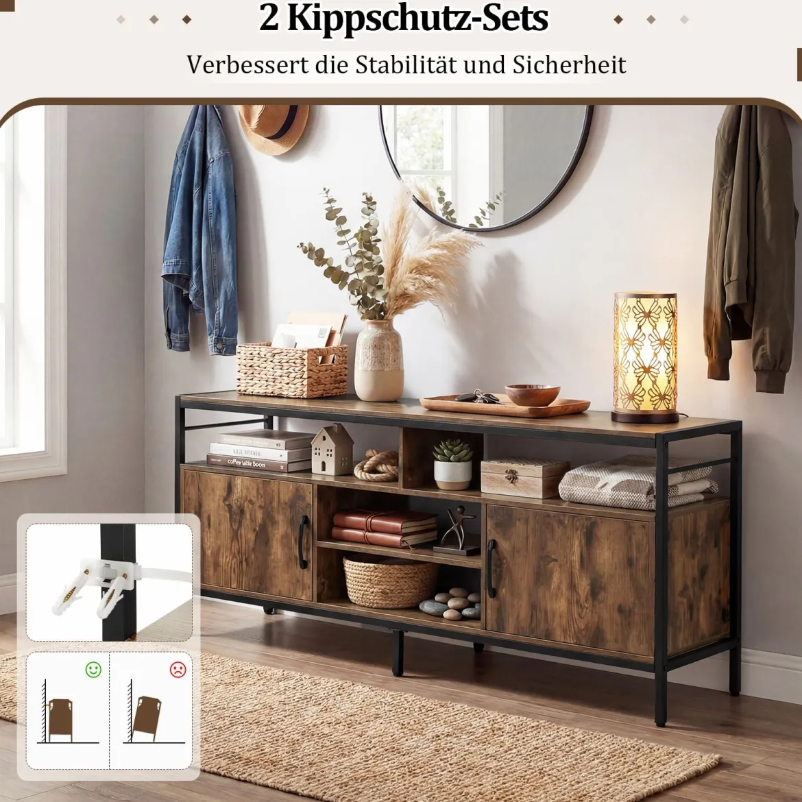 TV-Schrank Lowboard für 65" Fernseher mit 2 Schränke & 4 offene Regale Rustikal Braun