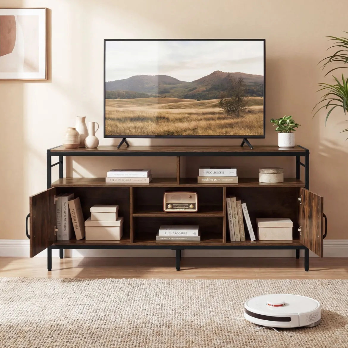 TV-Schrank Lowboard für 65" Fernseher mit 2 Schränke & 4 offene Regale Rustikal Braun