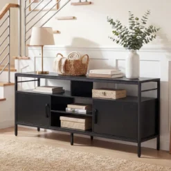 TV-Schrank Lowboard für 65" Fernseher mit 2 Schränken 4 offenen Regalen Schwarz