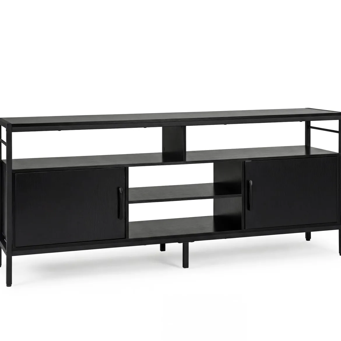 TV-Schrank Lowboard für 65" Fernseher mit 2 Schränken 4 offenen Regalen Schwarz