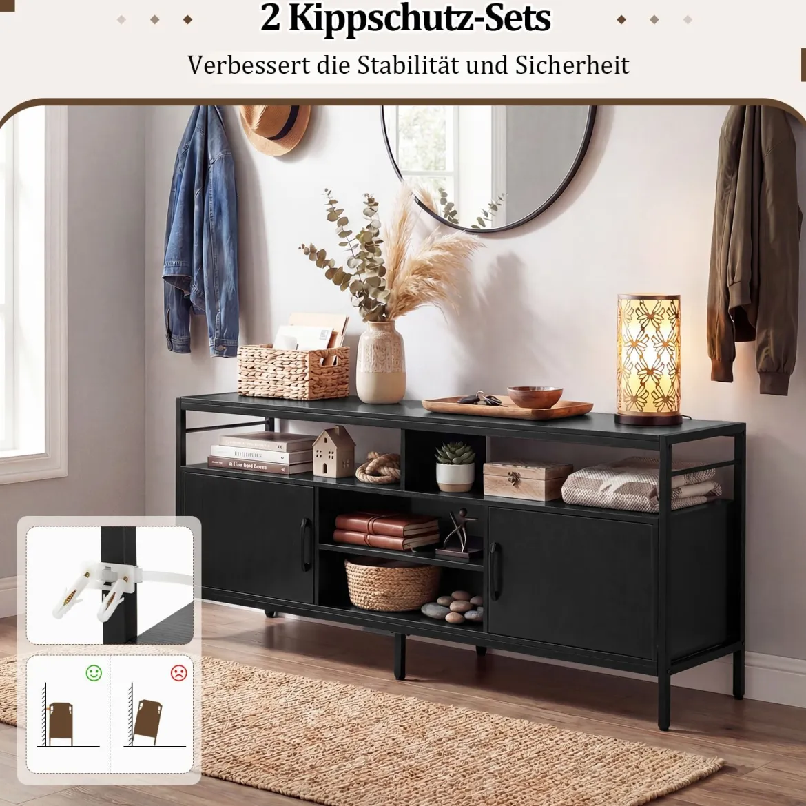 TV-Schrank Lowboard für 65" Fernseher mit 2 Schränken 4 offenen Regalen Schwarz