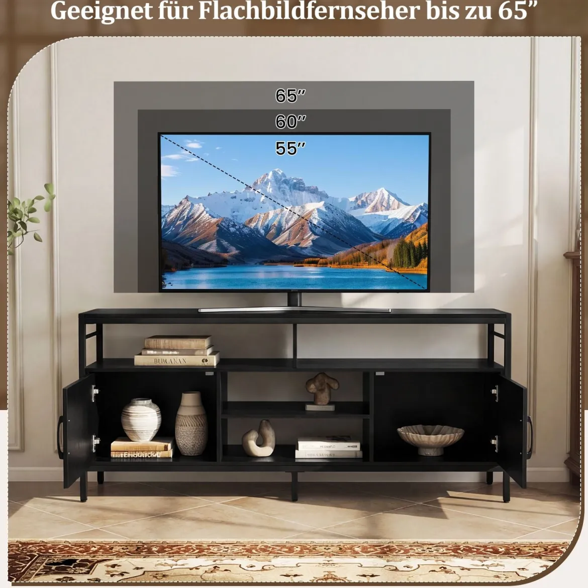 TV-Schrank Lowboard für 65" Fernseher mit 2 Schränken 4 offenen Regalen Schwarz