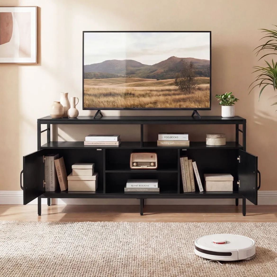 TV-Schrank Lowboard für 65" Fernseher mit 2 Schränken 4 offenen Regalen Schwarz