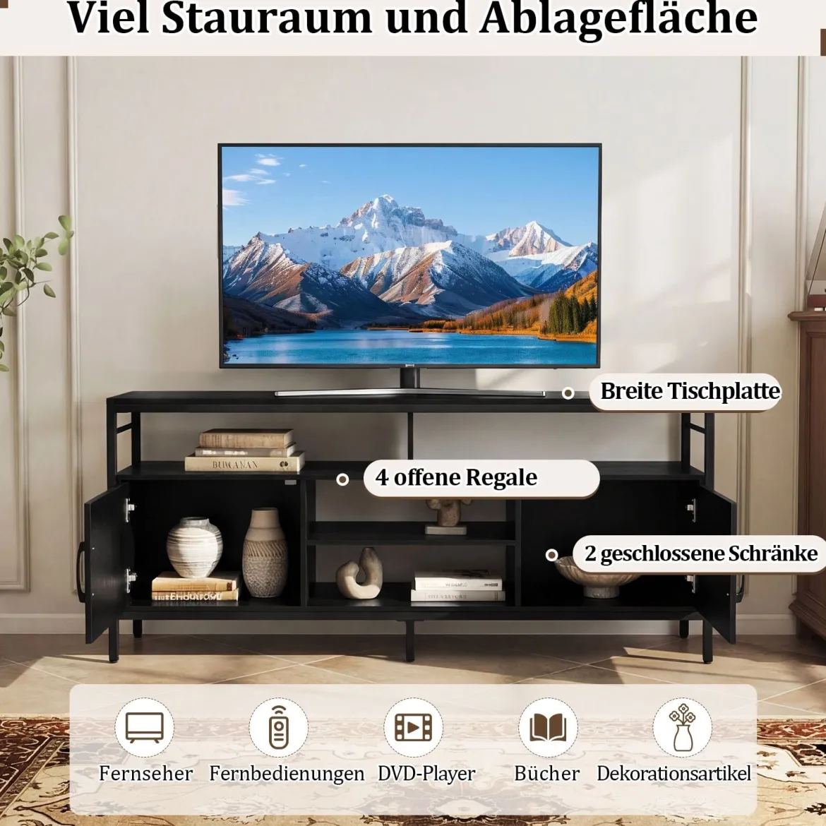 TV-Schrank Lowboard für 65" Fernseher mit 2 Schränken 4 offenen Regalen Schwarz
