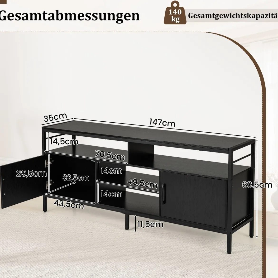 TV-Schrank Lowboard für 65" Fernseher mit 2 Schränken 4 offenen Regalen Schwarz