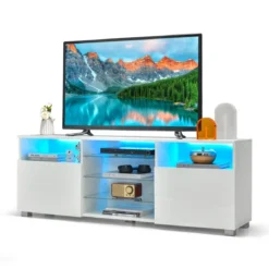 TV Schrank mit LED Beleuchtung & 2 Türen & Verstellbaren Glastablagen Fernsehtisch