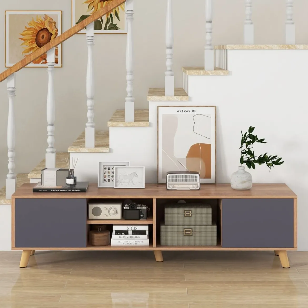 TV Schrank mit Offenem Regal & 2 Schränken TV Lowboard für TVs bis 65 Zoll Fernsehschrank