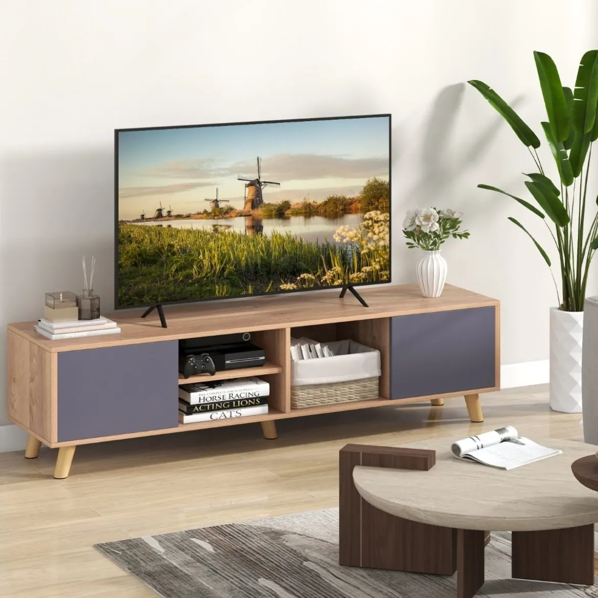 TV Schrank mit Offenem Regal & 2 Schränken TV Lowboard für TVs bis 65 Zoll Fernsehschrank