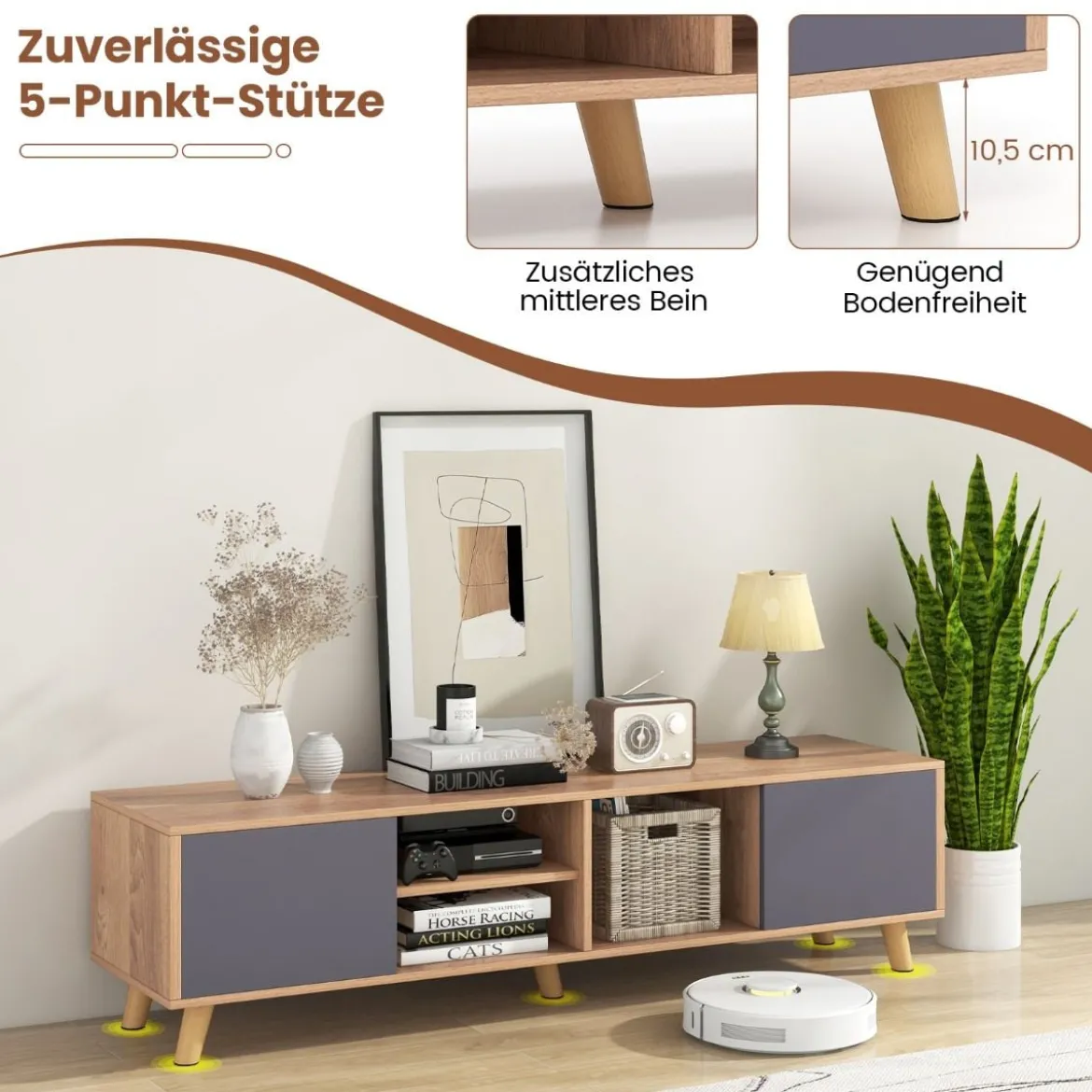 TV Schrank mit Offenem Regal & 2 Schränken TV Lowboard für TVs bis 65 Zoll Fernsehschrank