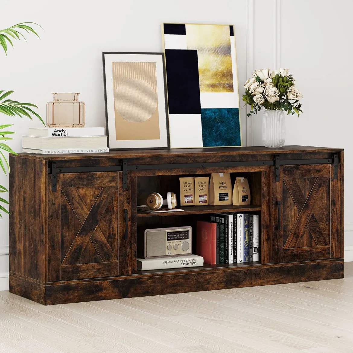 TV Schrank mit 2 Schiebetüren & Verstellbaren Regalen TV-Ständer für bis 70" Fernseher Lowboard