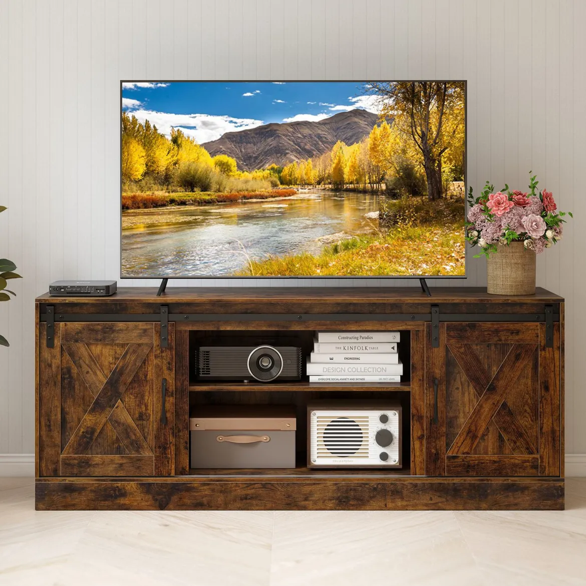 TV Schrank mit 2 Schiebetüren & Verstellbaren Regalen TV-Ständer für bis 70" Fernseher Lowboard
