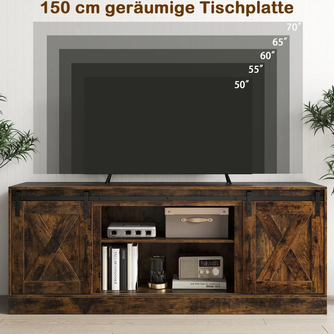 TV Schrank mit 2 Schiebetüren & Verstellbaren Regalen TV-Ständer für bis 70" Fernseher Lowboard