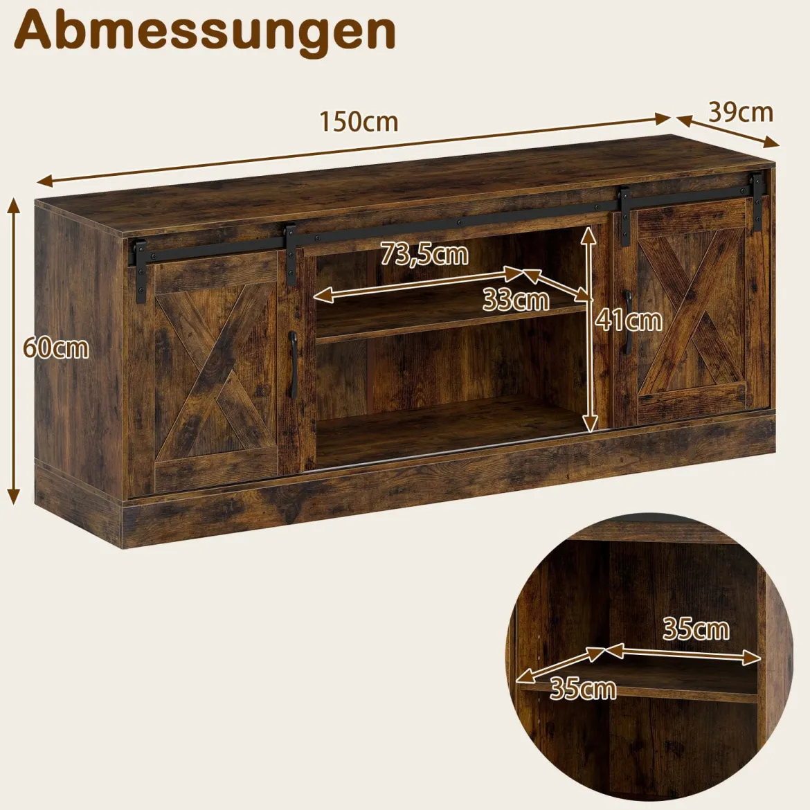 TV Schrank mit 2 Schiebetüren & Verstellbaren Regalen TV-Ständer für bis 70" Fernseher Lowboard