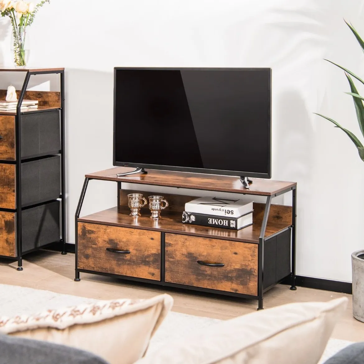 TV-Schrank mit 3 Schubladen und Ablage aus Holz für Wohnzimmer 93x39x48,5 cm