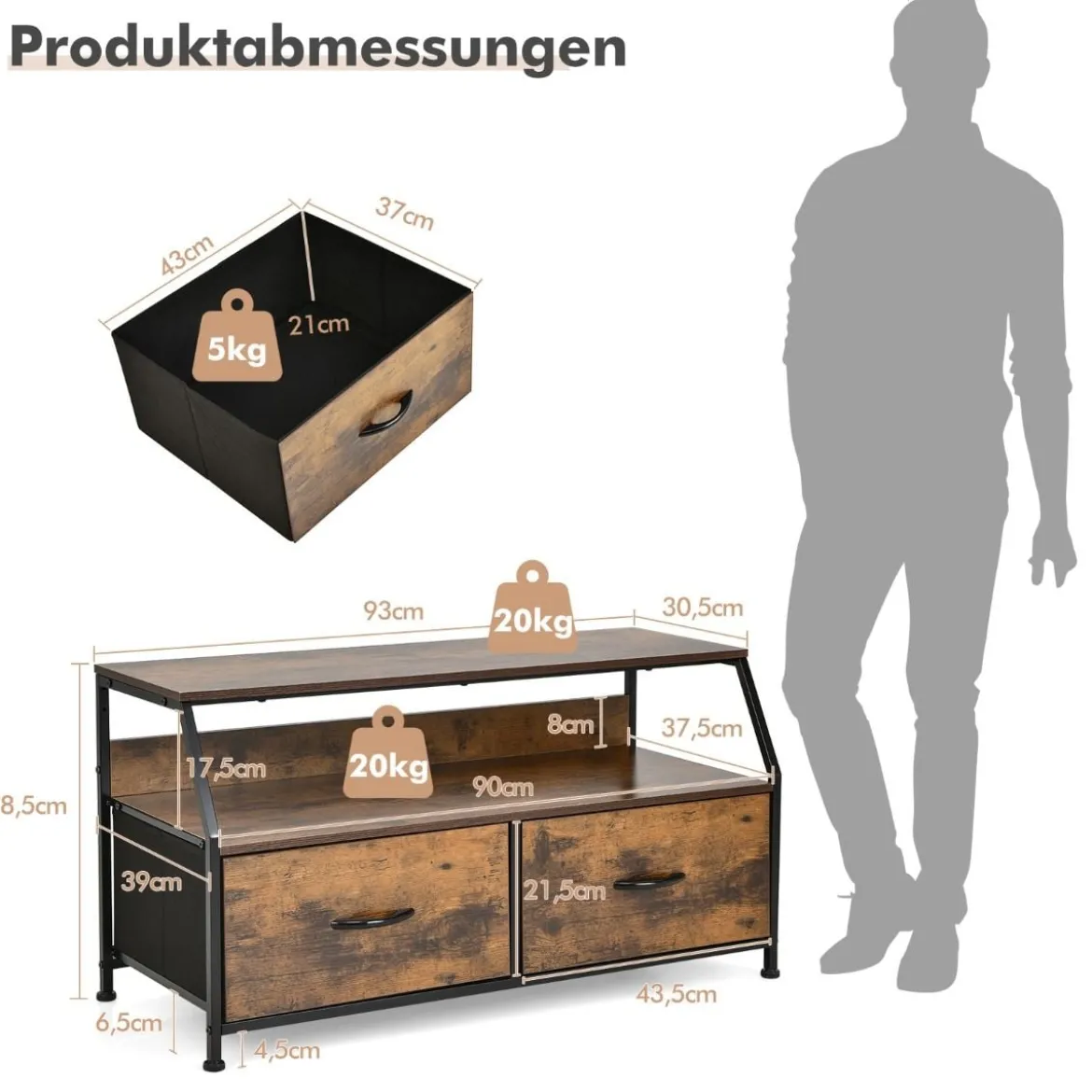 TV-Schrank mit 3 Schubladen und Ablage aus Holz für Wohnzimmer 93x39x48,5 cm
