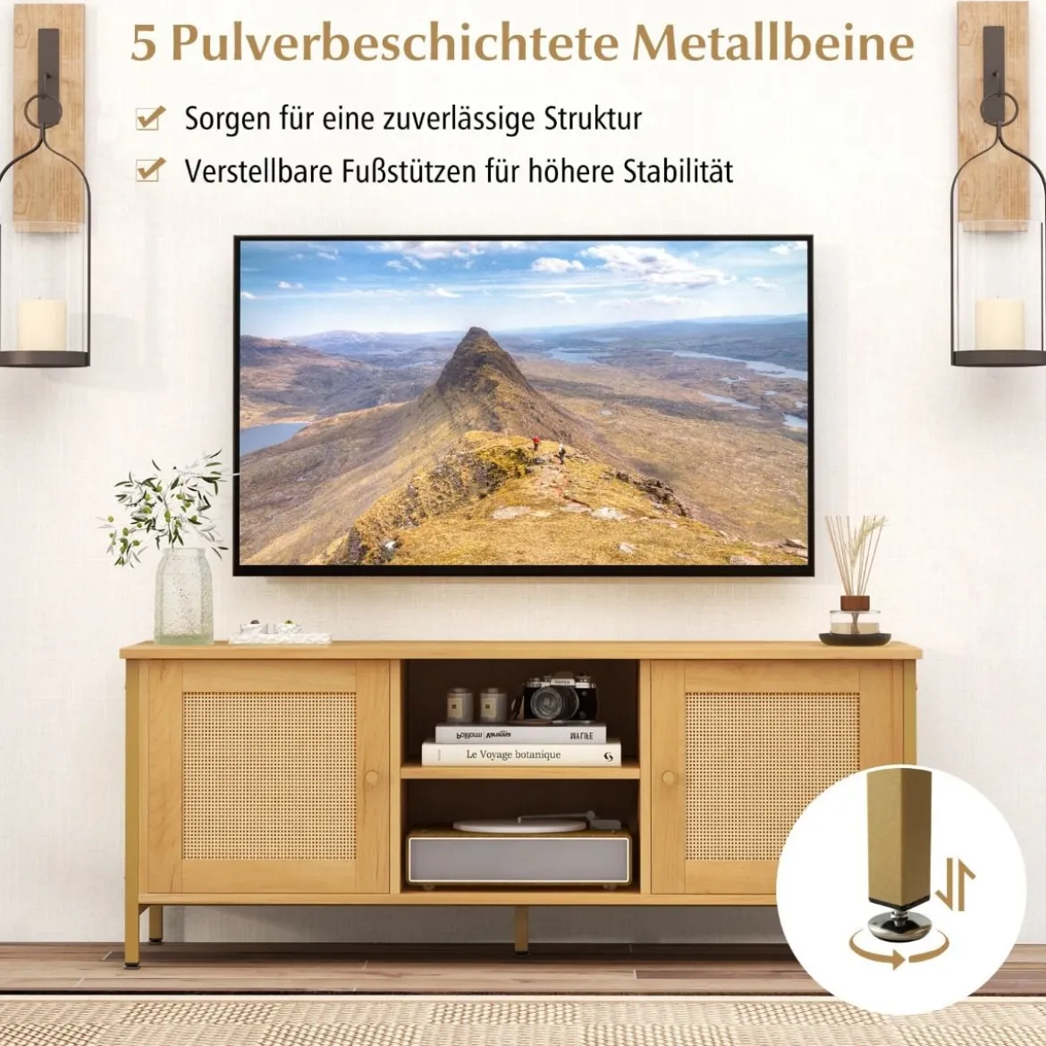 TV-Schrank Rattan Lowboard mit 2 Türen und offenen Regalen TV Ständer für Fernseher bis 55 Zoll 120 x 40 x 48 cm