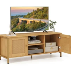 TV-Schrank Rattan Lowboard mit 2 Türen und offenen Regalen TV Ständer für Fernseher bis 55 Zoll 120 x 40 x 48 cm