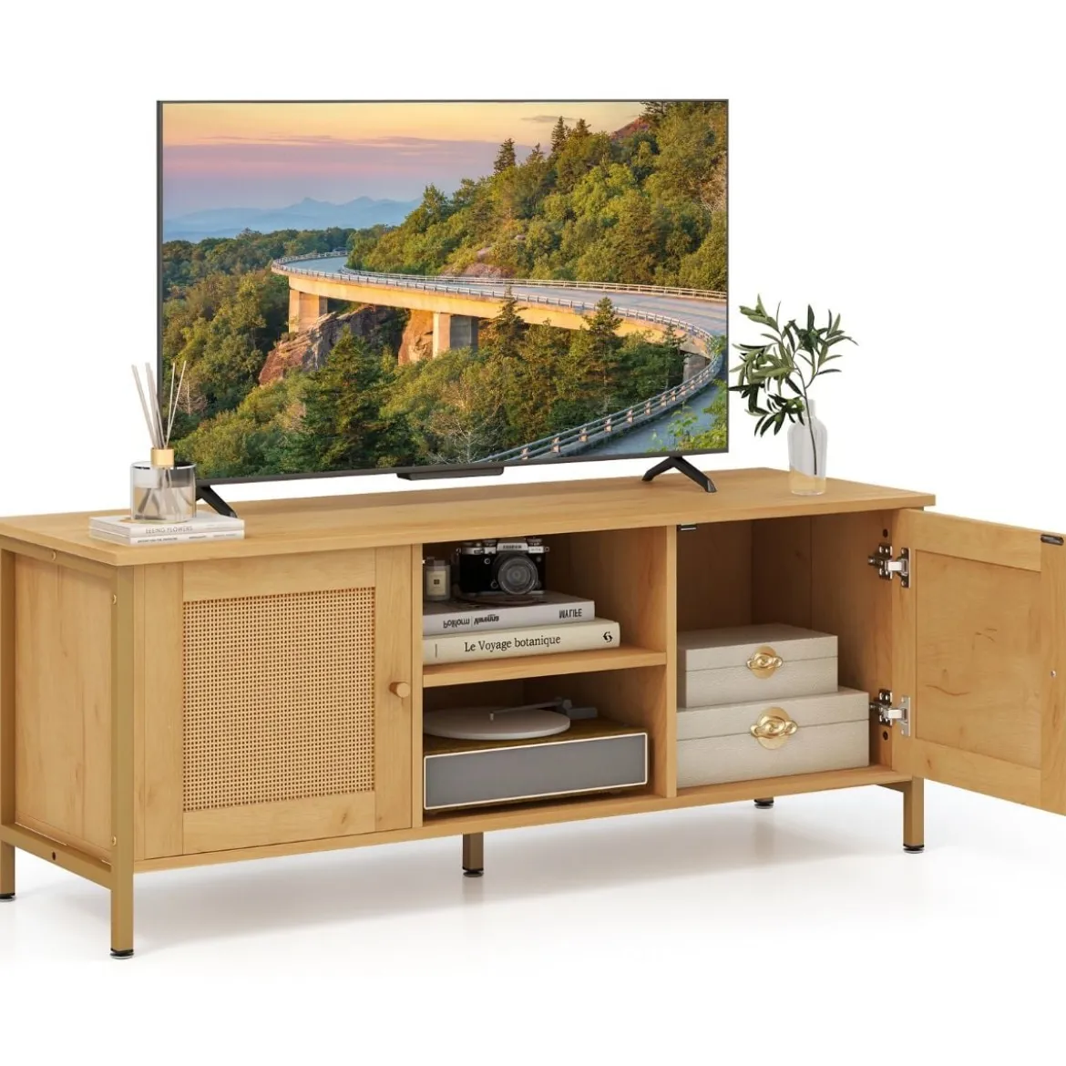 TV-Schrank Rattan Lowboard mit 2 Türen und offenen Regalen TV Ständer für Fernseher bis 55 Zoll 120 x 40 x 48 cm