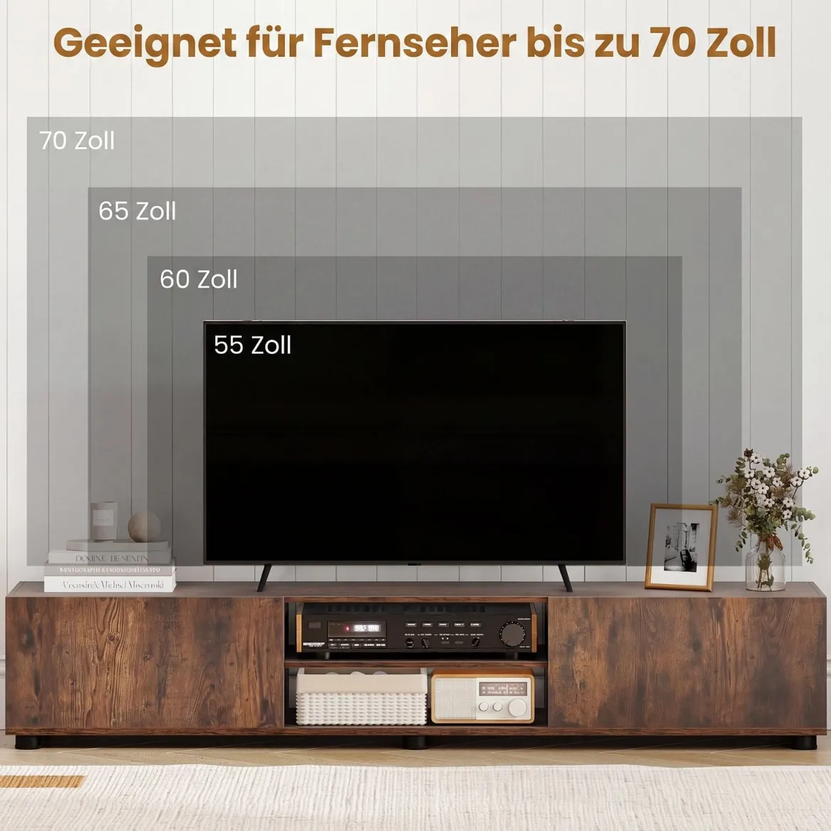 TV-Schrank TV-Kommode für TV bis zu 70 Zoll Fernsehschrank mit 2 Türen 160 x 35 x 30cm Rustikalbraun
