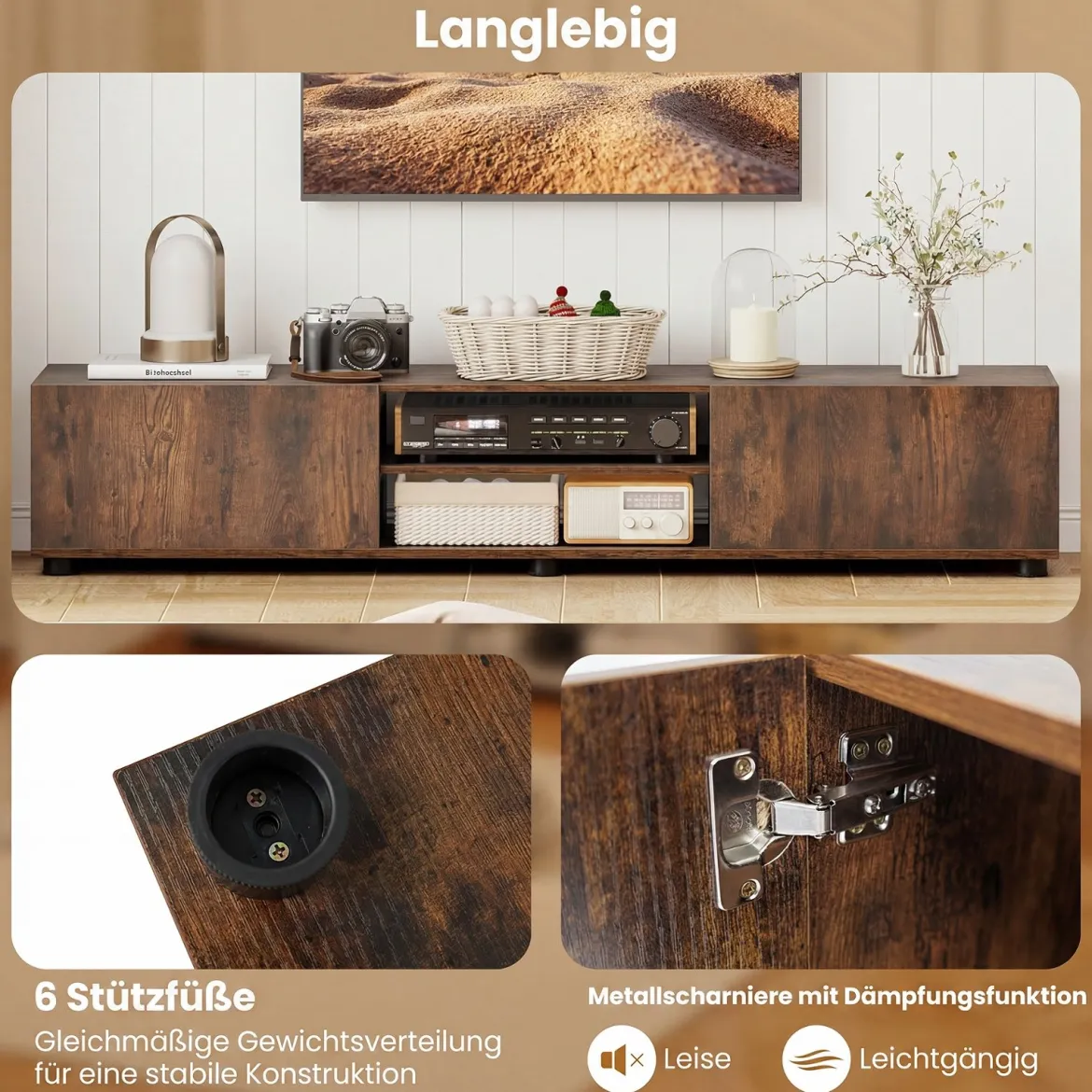 TV-Schrank TV-Kommode für TV bis zu 70 Zoll Fernsehschrank mit 2 Türen 160 x 35 x 30cm Rustikalbraun