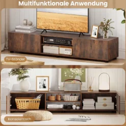 TV-Schrank TV-Kommode für TV bis zu 70 Zoll Fernsehschrank mit 2 Türen 160 x 35 x 30cm Rustikalbraun