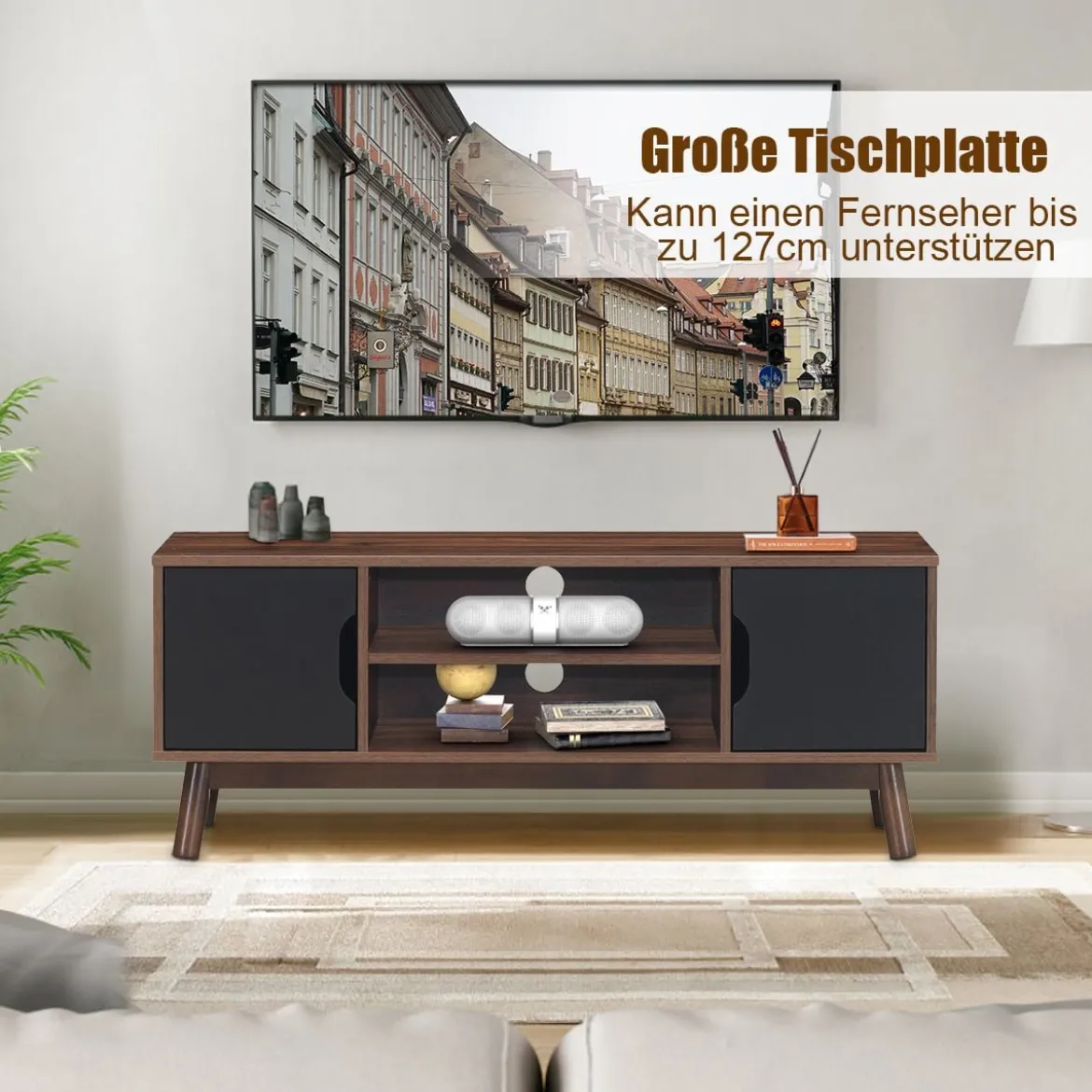 TV-Ständer Fernsehschrank Holz für TVs bis zu 50" Fernsehtisch mit offenem Regal Schwarz