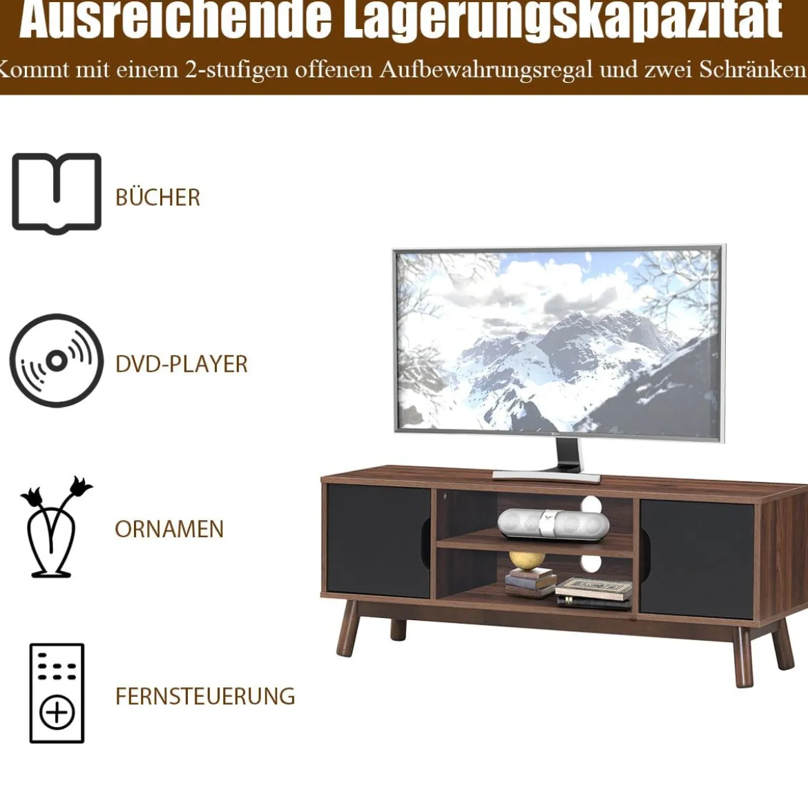 TV-Ständer Fernsehschrank Holz für TVs bis zu 50" Fernsehtisch mit offenem Regal Schwarz
