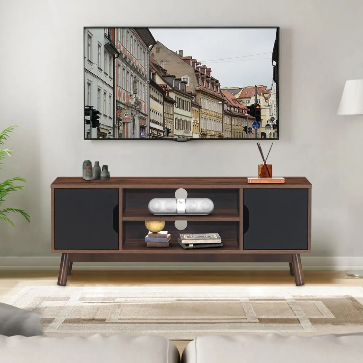 TV-Ständer Fernsehschrank Holz für TVs bis zu 50" Fernsehtisch mit offenem Regal Schwarz