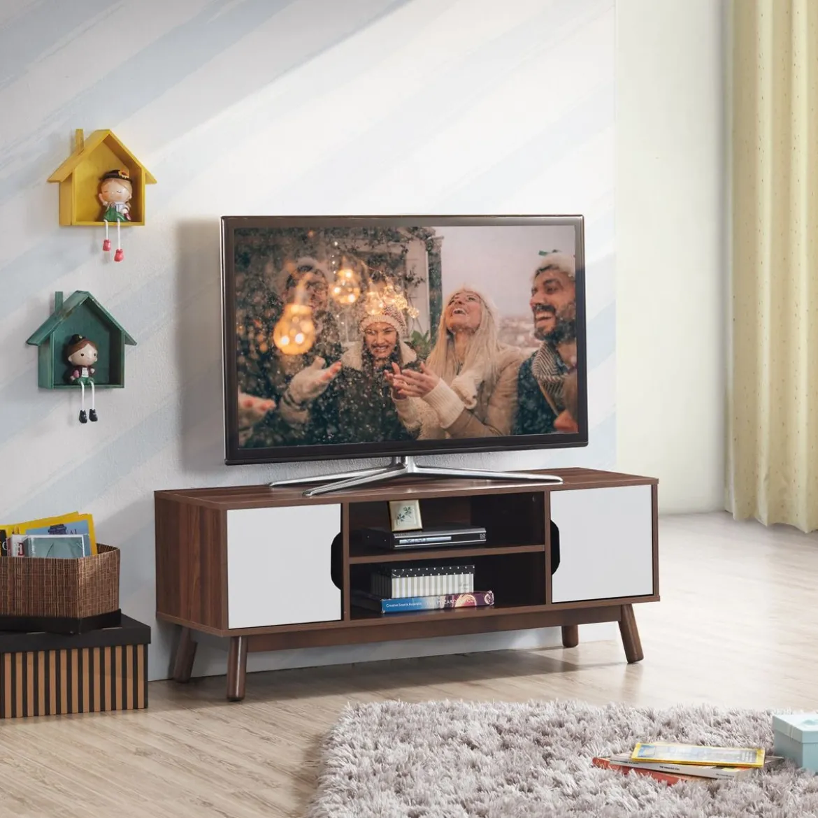 TV-Ständer Fernsehschrank Holz für TVs bis zu 50" Fernsehtisch mit offenem Regal Weiß
