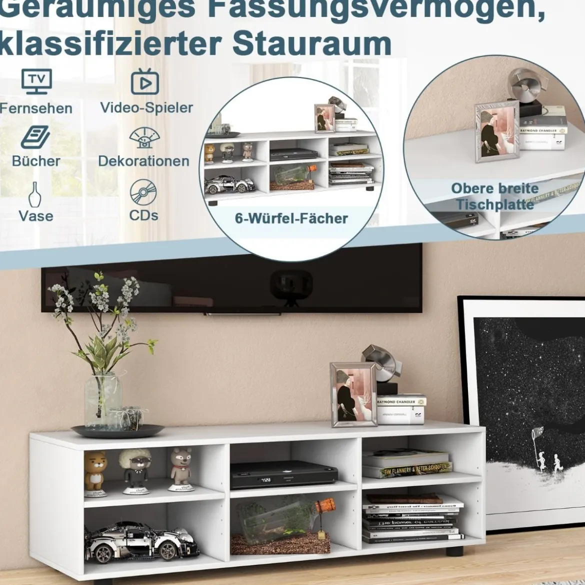TV-Ständer für Fernseher bis 55 Zoll TV-Schrank mit 6 Ablagefächern Weiß
