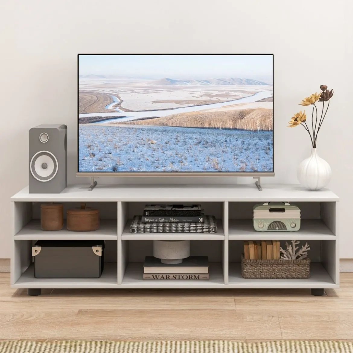 TV-Ständer für Fernseher bis 55 Zoll TV-Schrank mit 6 Ablagefächern Weiß