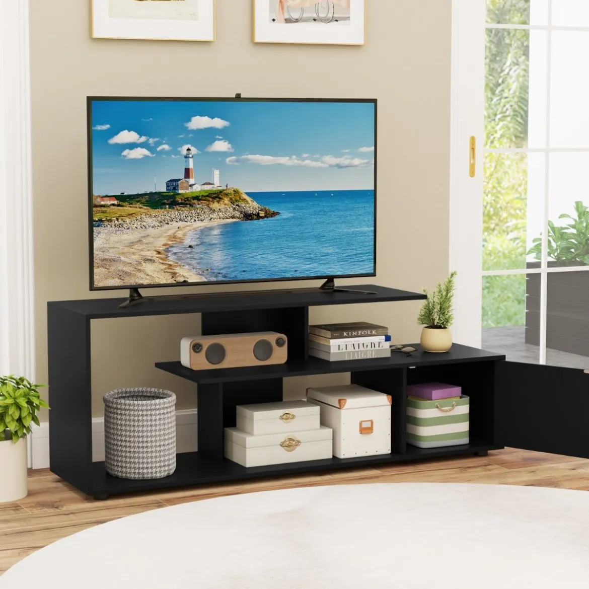 TV-Ständer für Fernseher bis zu 55 Zoll mit Ablageflächen & Schrank TV Schrank Lowboard